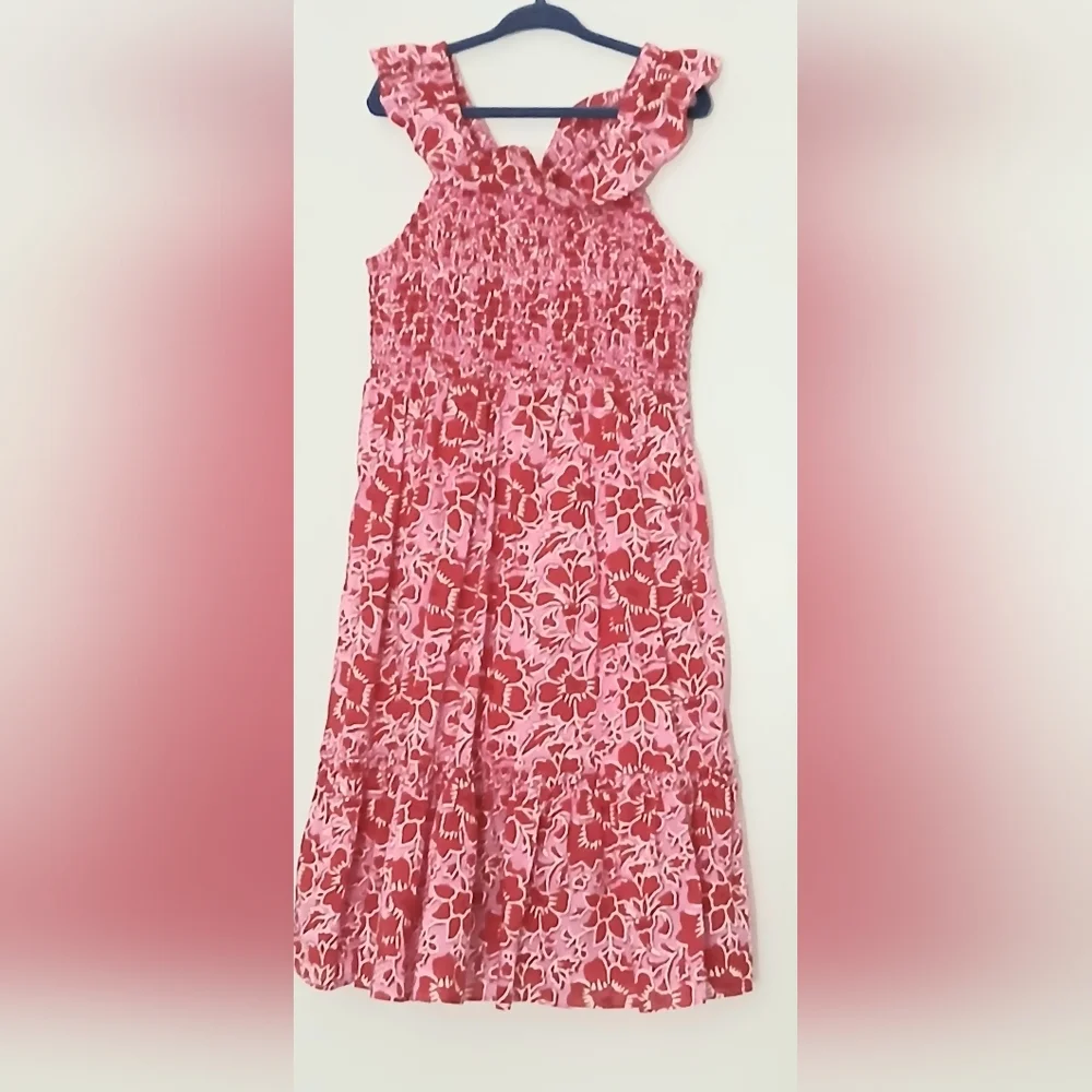 Crewcuts Dress Girls Size 8 Pink and Red Smocked‎ Top Floral Lined Pullover